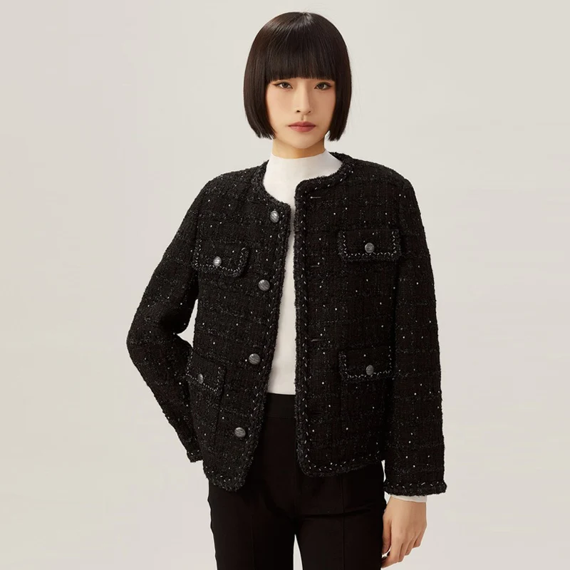 Осеннее универсальное твидовое короткое пальто с круглым вырезом и карманами