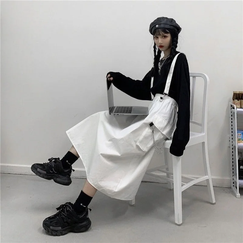 Женская длинная юбка с цепочкой белая/черная в японском стиле весна-осень 2021 |