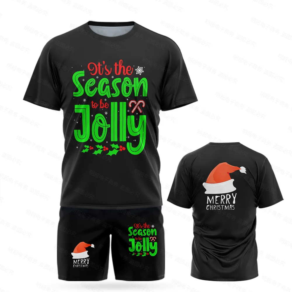 2023 New Christmas T-Shirt Set Brand Letter Graphic Santa Claus Christmas Tree Western Holiday Kids Christmas Top Shorts