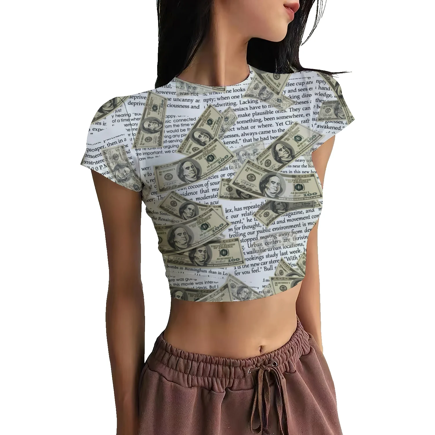 

Short Sleeve T-Shirt Old Newspaper 3D Printed High Waist Cropped Navel Tight Short Sleeve Top Design Niche