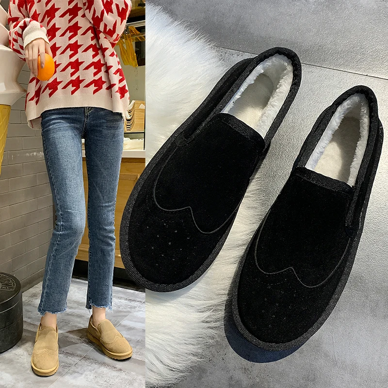 

Повседневная женская обувь без шнуровки с круглым носком, женская обувь на низком каблуке, платье без застежки, зимние резиновые плюшевые б...