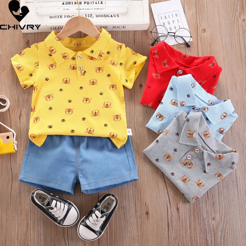 

Летняя одежда для мальчиков, новинка 2023, рубашка-поло с коротким рукавом и отворотом для маленьких мальчиков, с мультяшным тигром, топы и джинсовые шорты, комплекты детской одежды