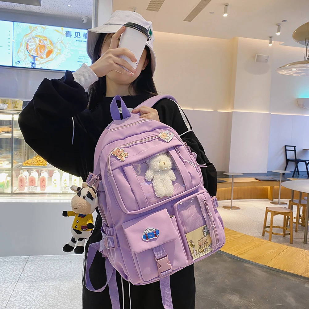 

Рюкзак на плечо из ткани Оксфорд для девочек, милый Повседневный однотонный ранец для ноутбука, ранец большой вместимости в эстетике с медв...