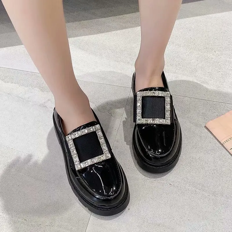 Black Mary Jane Women's Pearl Rhinestone Hedging Women's Loafers Spring and Autumn 2022 Thick-soled Cute Chunky Oxford Flats