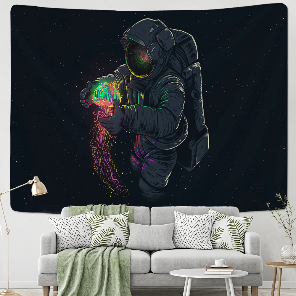 

Astronaut Wall Tapestry With Black Background Colour Jellyfish Interstellar Sky Tapestry Wall Hnaging Hippie Boho Dorm Decor