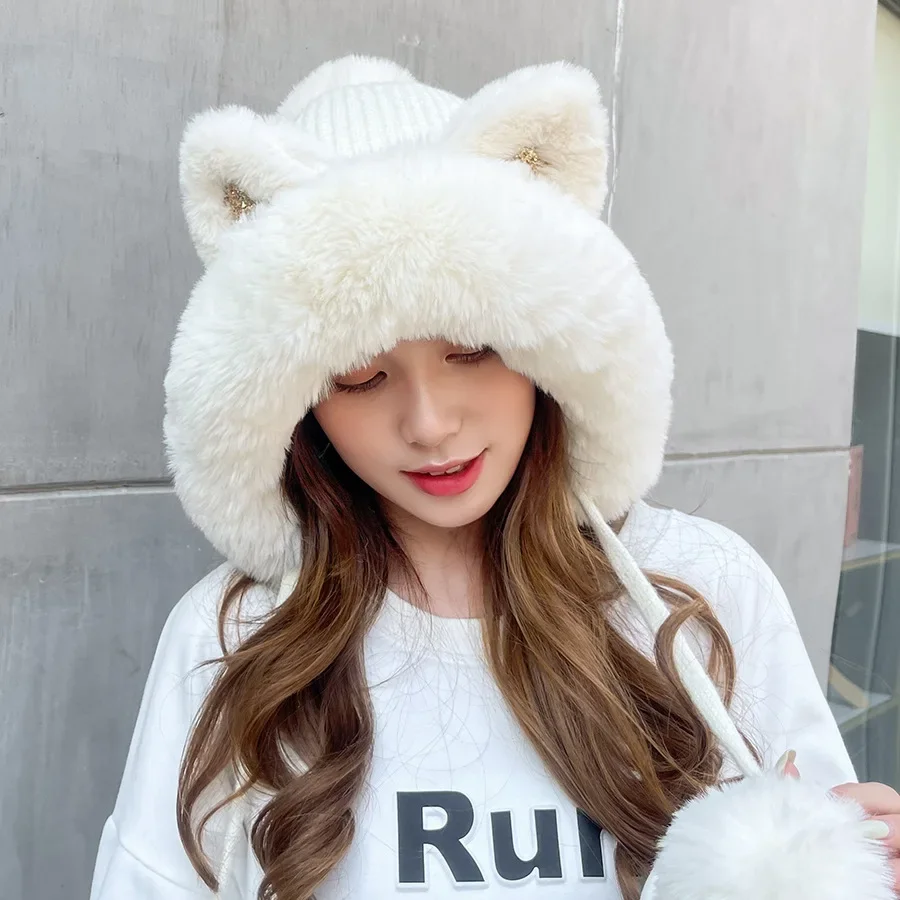 

Winter Hats For Women Beanie Cute Cat Ear Knitted Bonnet Femme Thick Velvet Keep Warm Winter Cap With Pompom Gorro 2022 New