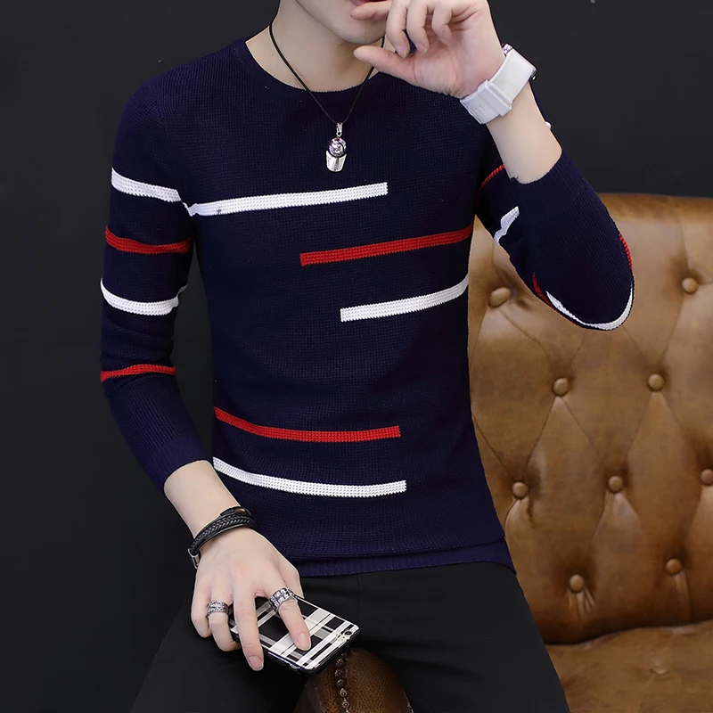 

Мужской облегающий пуловер в полоску, повседневный трикотажный джемпер в Корейском стиле, одежда для улицы, осень 2023