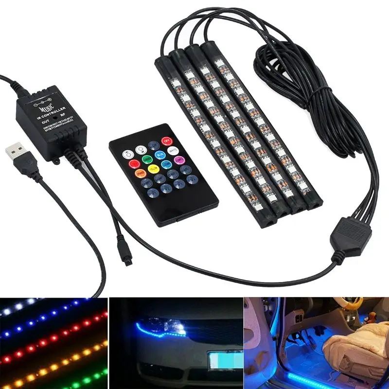4X DC12V 9 светодиодов RGB для салона автомобиля атмосфера полоса ног USB-зарядное