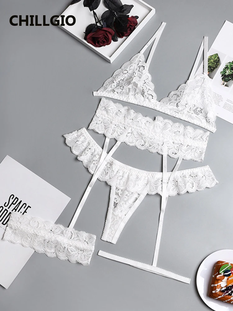 

Женский кружевной базовый бюстгальтер CHILLGIO с цветочным рисунком, модные облегающие повседневные эротические костюмы, нижнее белье из 3 предметов, прозрачные комплекты нижнего белья