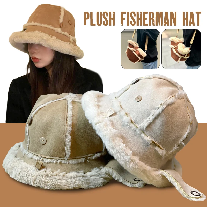 Fashion Winter Women Fluffy Fur Bucket Hat Suede Warm Soft Plush Fisherman Cap Sunbonnet Visor Creative Dual-purpose Bag Hat