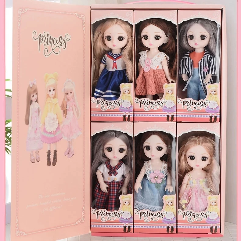 

6pcs Set BJD 16cm Doll Set Gift Box with 13 Joints 3D Eyes Girl Toy Gift Dolls Princess Dress Up Big Gift Box Play House Toy Set
