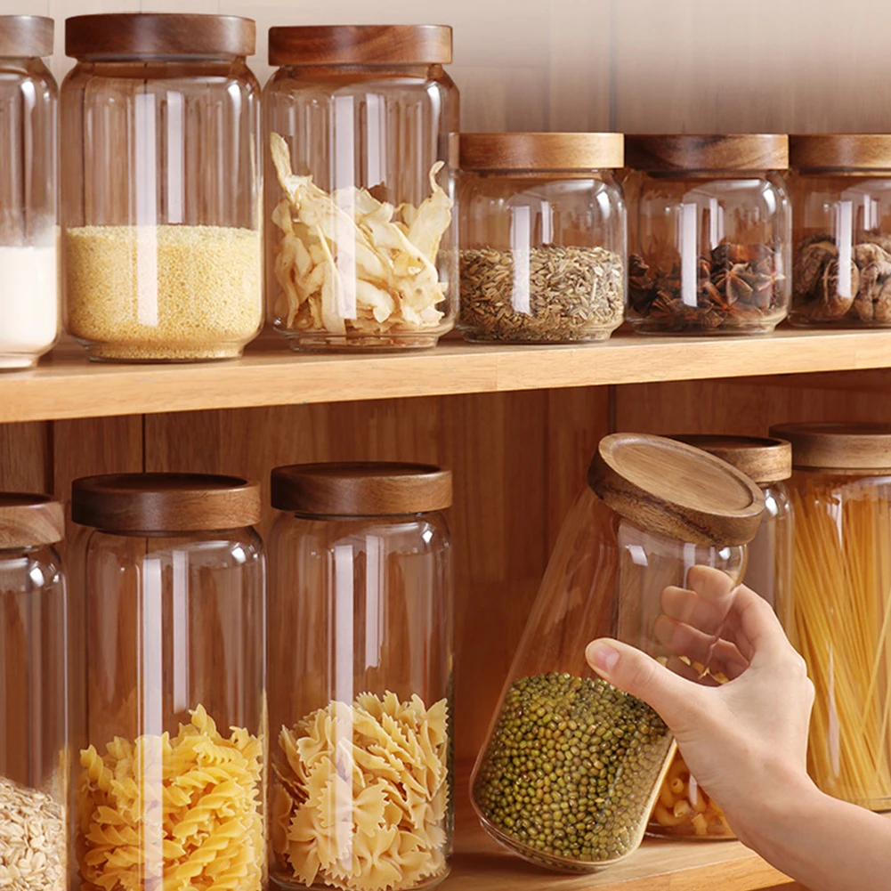 

Glass Jar with Wood Lids Sealed Airtight Bottle 350/500/750/1000/1700ml Pasta Rice Tea Food Storage Container Canister Grains