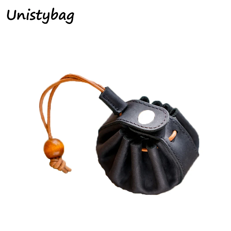 

Unistybag Coin Purse Handmade Money Pocket Drawstring Key Holder Drawstring Key Retro Wallet Genuine Leather Money Bag