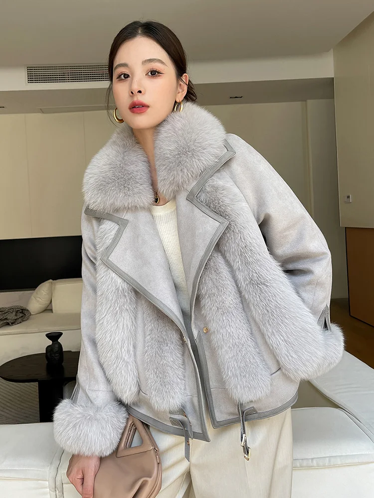 New Women Real Fur Coat Autumn Winter Fashion Thick Warm Suit Collar Fox Fur Suede Patchwork Fur Jacket Loose Outerwear Female