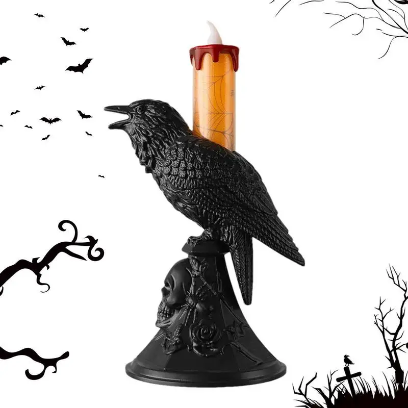 

Crow Candle Light Raven Statue Alternative Arts Lights Halloween LED Raven Perching On Black Rose And Skull Electronic Light