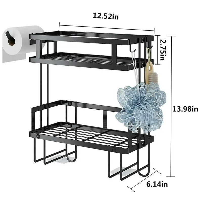 

Stylish Black Metal Over the Toilet Storage Rack with Hanging Hook and Toilet Paper Holder, Space-saving Bathroom Shelf Organize