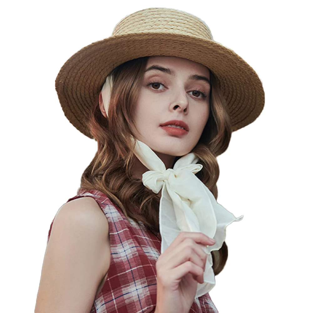 

FS 2022 Sunshade Flat Straw Hat Bowknot Sun Caps Wide Brim Beach Women Hat Boater Long Ribbon Fedora Hats Summer INS Sunscreen