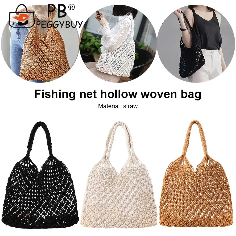 

Casual All-match Women Straw Hollow Shoulder Underarm Bags Fashion Summer Beach Vacation Reusable Cotton Shopper Handbags