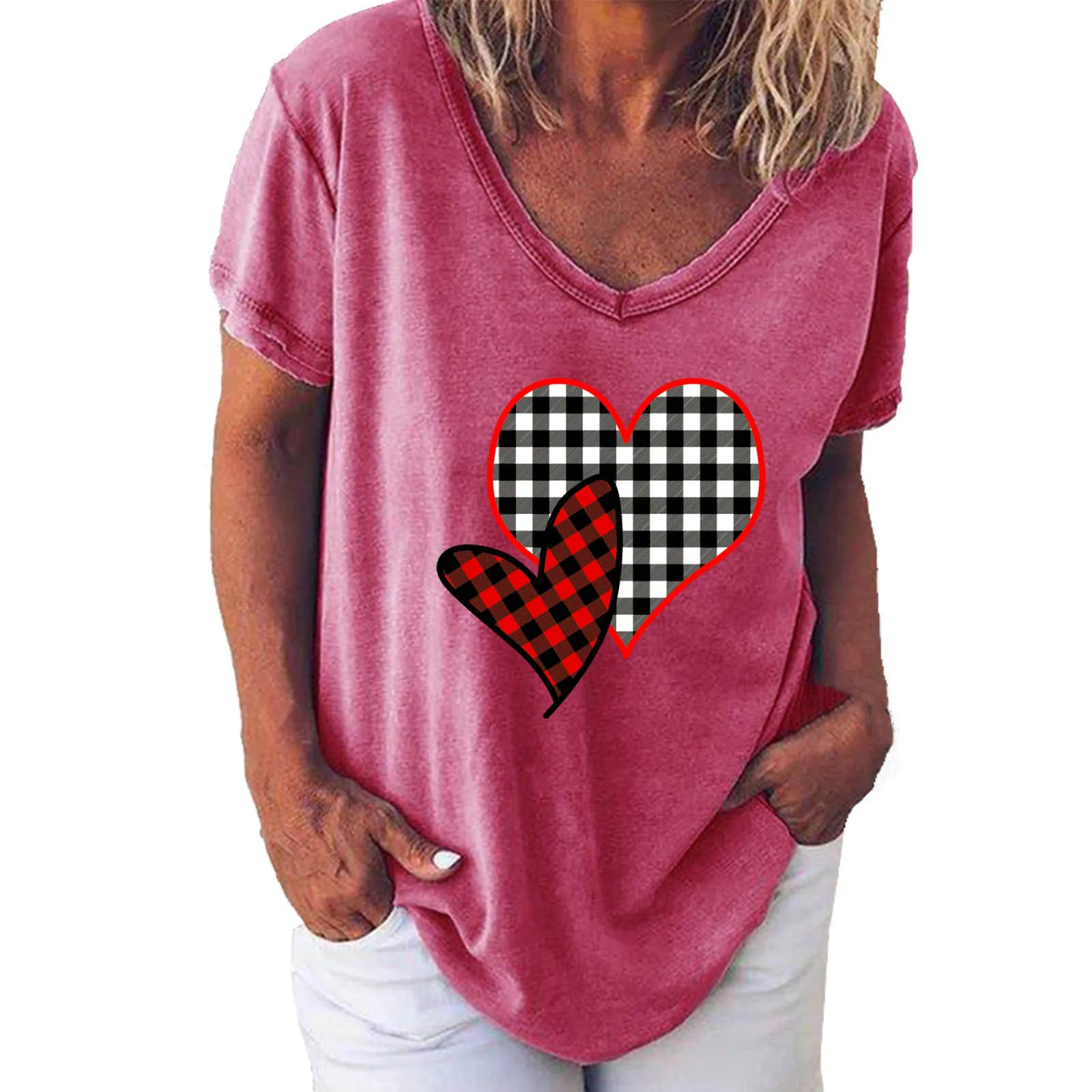 

Plus Size Women Love Plaid Printed Short Sleeve T-Shirt Top Casual Baggy Blouse V-Neck Pullover Fashion Clothes Summer Holiday