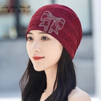 solid color rhinestone bow hats for women spring autumn turban hat ladys double layer breathable beanies plaid pattern gorros