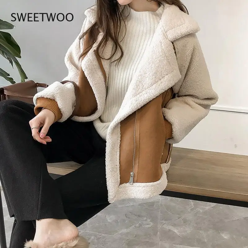 New Women Winter Faux Fur Suede Jackets Coat Thicken Warm Lambs Wool Teddy Coats Ladies Loose Oversized Outwear Tops 2022