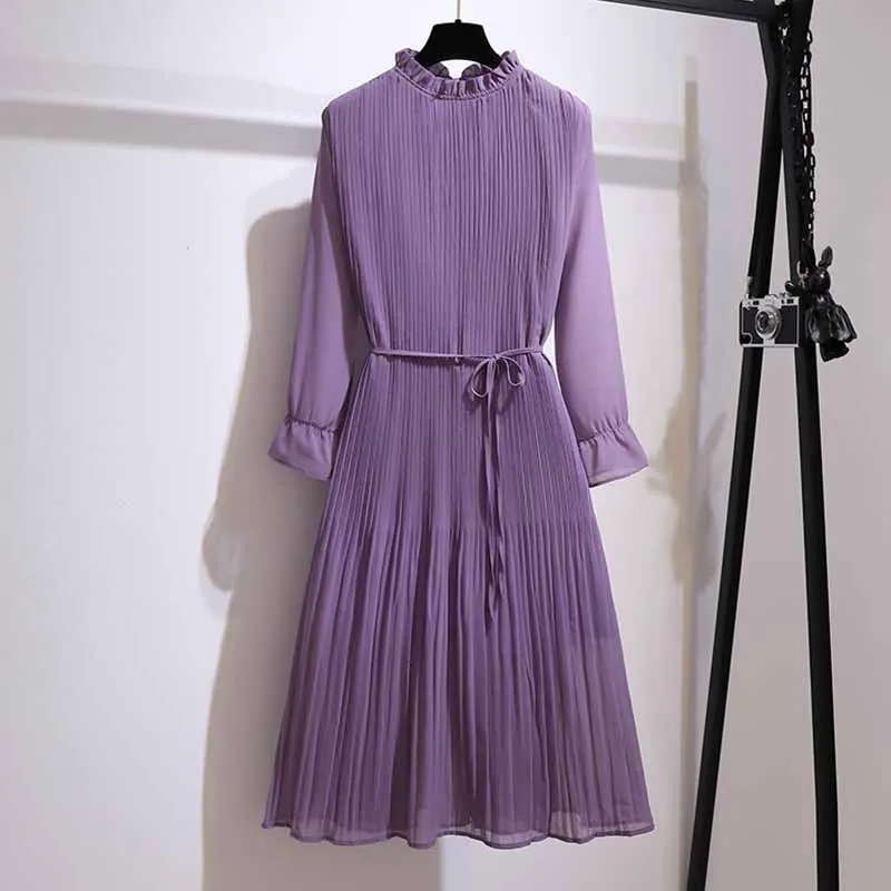 

2023 spring new women's purple dress Korean temperament long slim pleated chiffon dress women's dress