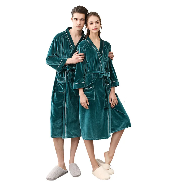 

Golden Velvet Winter Couple Home Wear Soft Nightgown Kimono Bathrobe Women Sexy V-Neck Robes with Pocket Sleepwear Loungewear