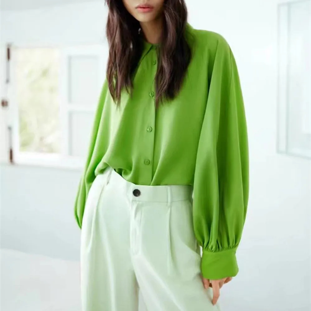 

Long Sleeve Top Traf Blusa Feminina Verao 2022 Japanese Streetwear Crop Tops Free Shipping Blouses or Tops for Woman Green Top