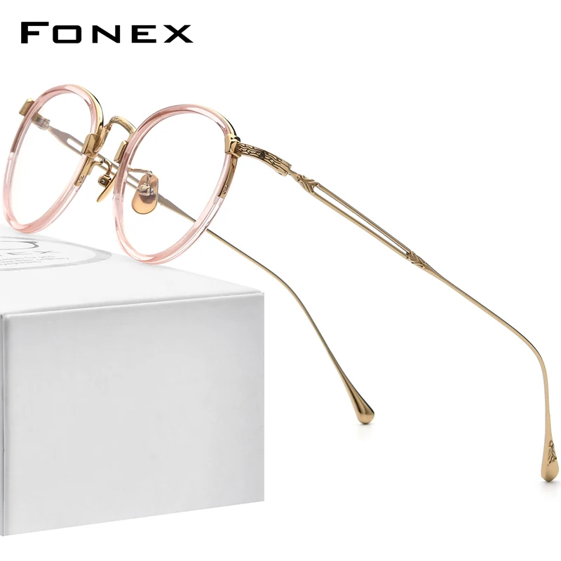 FONEX Acetate Titanium Eyeglasses Frame Men Vintage Round Prescription Glasses Women Myopia Optical Spectacles Eyewear E-046