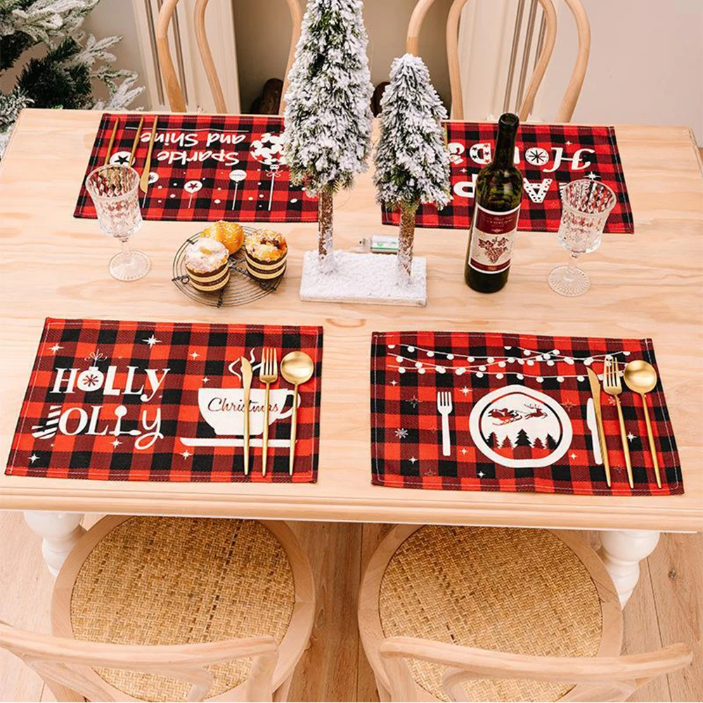 

2023 Christmas Placemats New Red Black Plaid Placemats Reversible Heat-Resistant Santa Claus Place Mat for Xmas Home Decoration