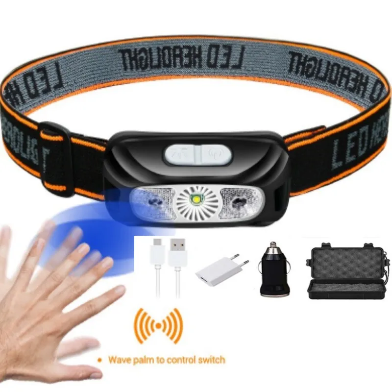 

Headlight Flashlight Sensor Body Motion Mini Rechargeable Mode Head Light Headlamp With White+red Camping Lamp
