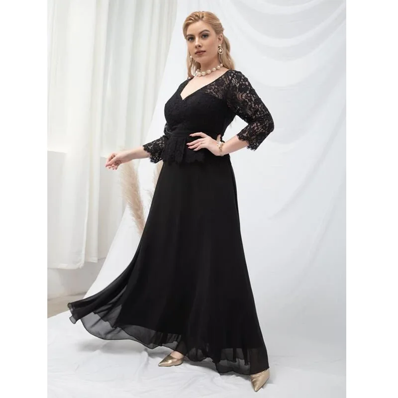 Plus Size V Neck 4XL5XL Lace Wine Red Chiffon Loose Elegant Evening Gown Wedding Plus Size Dresses