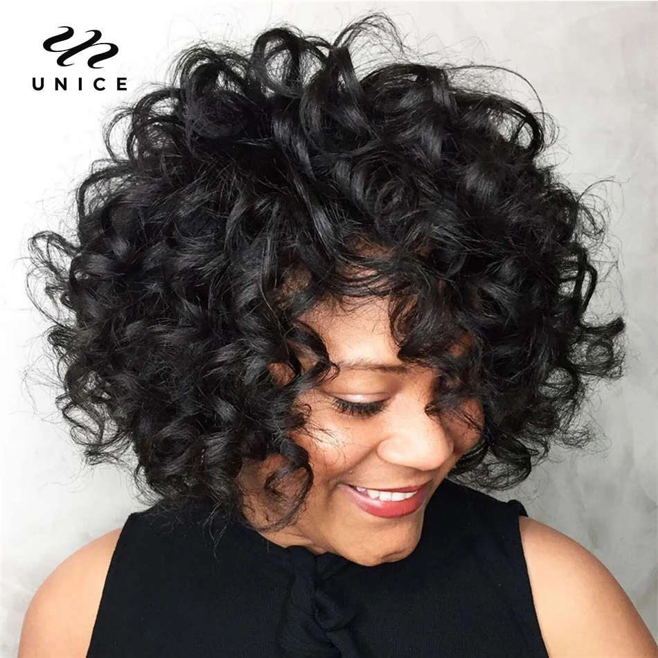 Unice Hair Short Loose Curly Wigs Brazilian Hair Bouncy Waves Pixie Cut Wig Fluffy Curls Bob Wig For Women Human Hair Wigs
