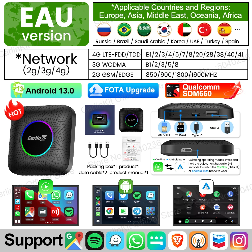 

2025 НОВЫЙ CarlinKit Android 13 TV Box LED 8 ГБ + 128 ГБ SM6225 8-ядерный CarPlay беспроводной Android Auto беспроводной USB-адаптер поддержка Netflix IPTV YouTube Tiktok Spotify GPS 4 ГБ + 64 ГБ