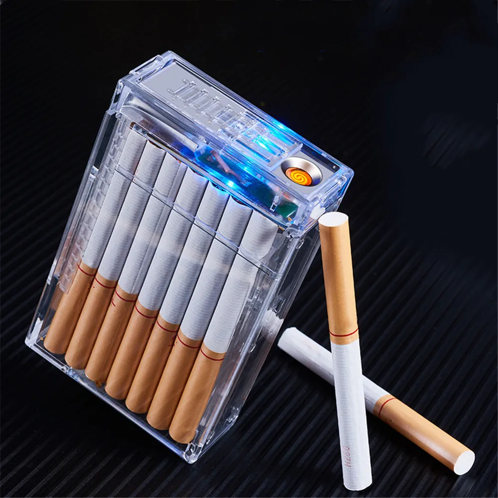 

Вмещает 20 шт прозрачный чехол для сигарет со съемной USB зажигалкой портативный креативный 2 в 1 курительная коробка аксессуары для сигарет