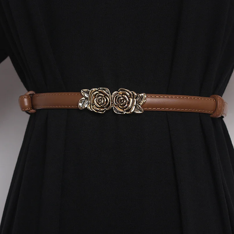Luxury Designer Brand 2023 Women Belt For Dress Ladies Split Leather Waist Fashion French Style Adjustable Ladies Belt Petal