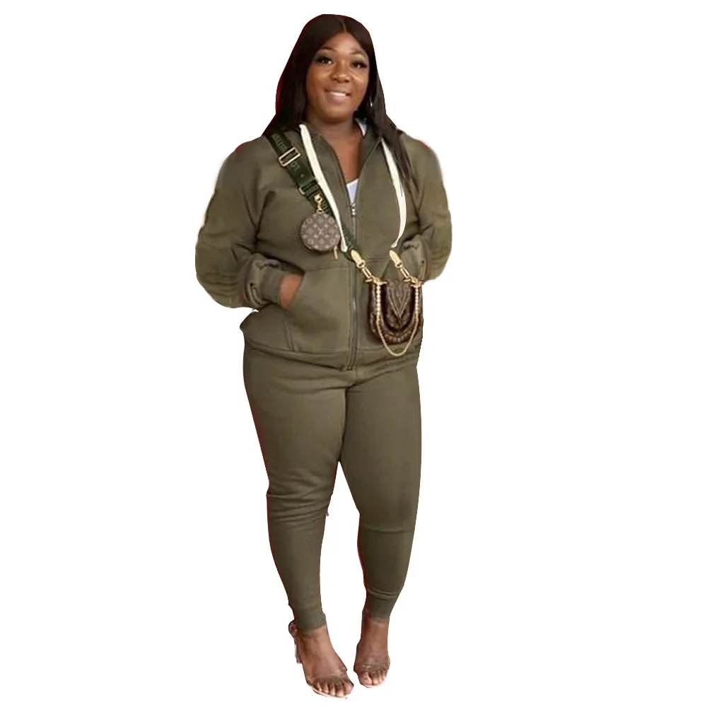 Plus Size Sets Long Sleeve Fashion Slim Solid Casual Pencil Pants Hooded Sweater Two-piece Suit 2 Piece Sets Womens Outfits