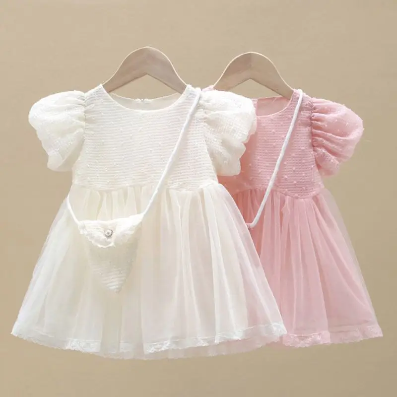 

Cute Bubble Sleeve Dress Casual Sweet Girls Princess Dress Knee-Length Skirt Children's Dress Lovely Tutu Mesh Dress With Bag