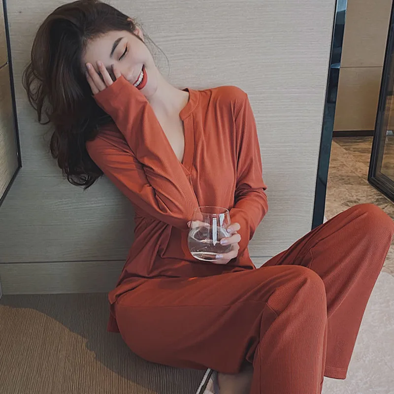 

Spring and Sutumn Pajamaslong Sleevethin Cottoncasual Korean Suit Can Go Out Red Home Clothes Women's Summer