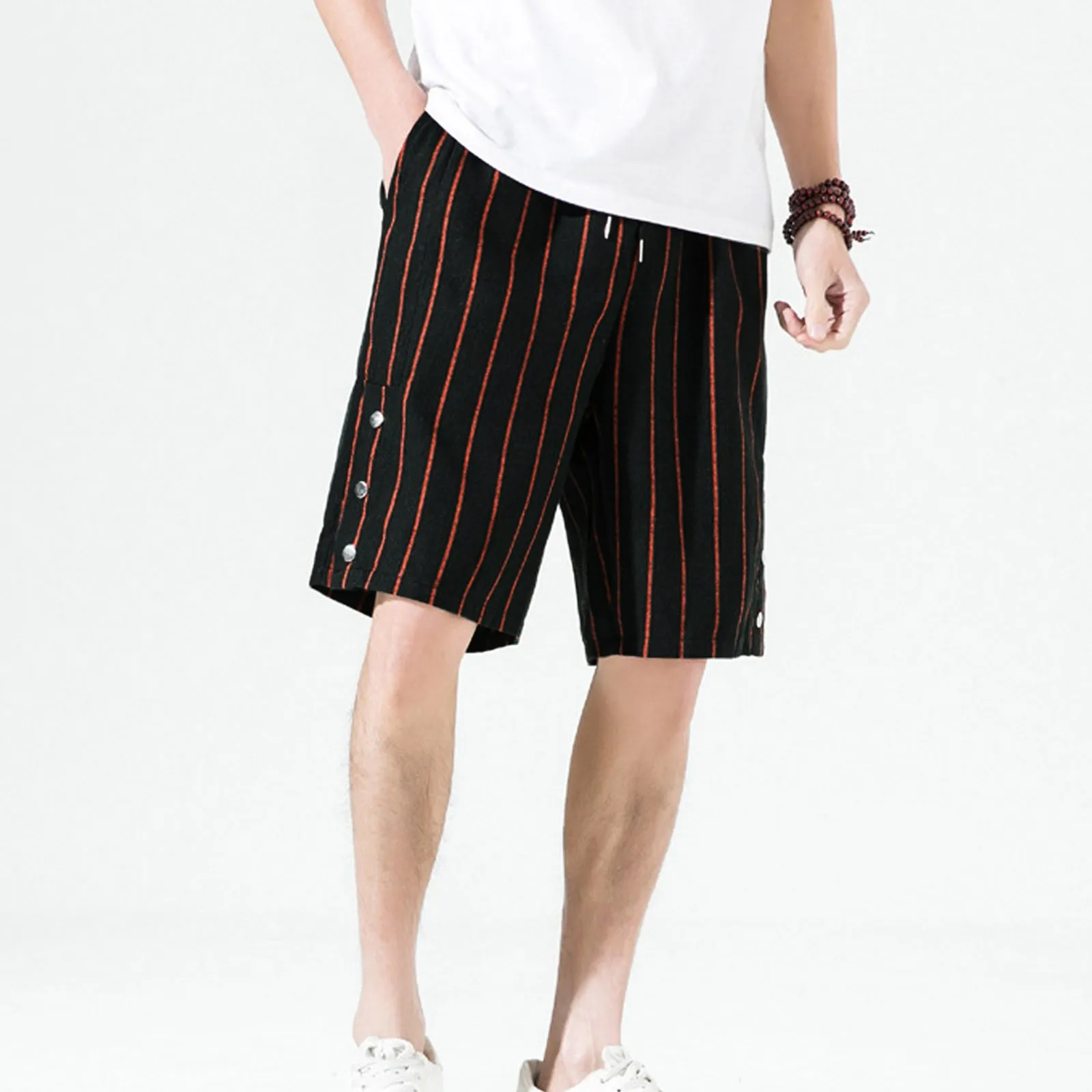 

Button Shorts Men's Summer Wild Harajuku Simple Striped Print Straight Loose High Waist Casual Five-point Pants Business Fashion