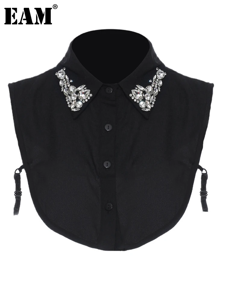 

[EAM] Women Black Rhinestones Temperament Drawstring Lapel Detachable Collars New Fashion Tide Spring Autumn 2023 1DF5248