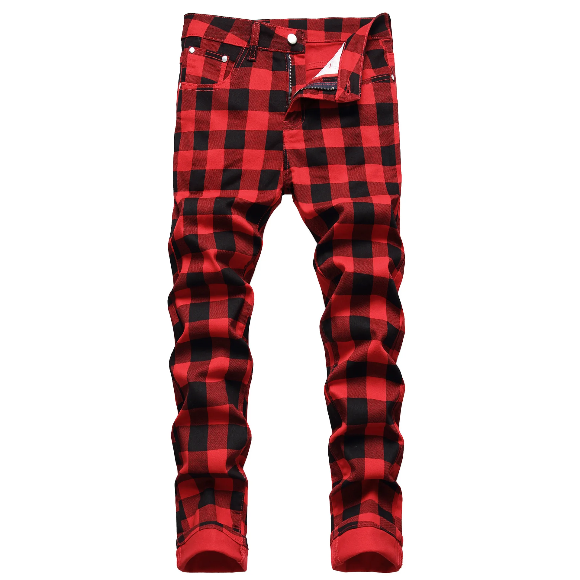 Mens Fashion Red and Black Plaid Printed Jeans Men Slim Denim Pants Check Digital Print Casual Straight Pants Stretch Trousers