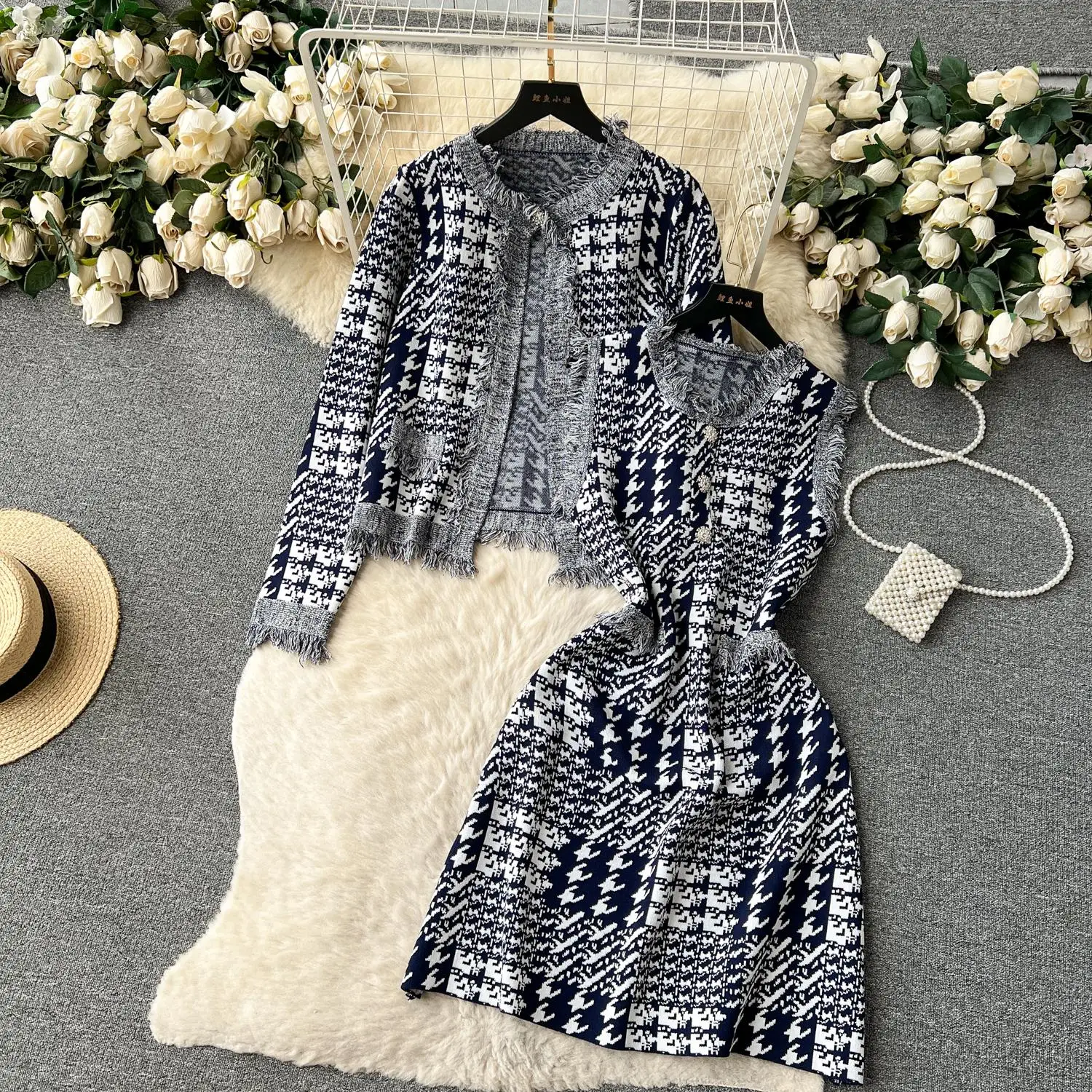 

Runway Autumn Women's Clothes Buttons O-Neck Sheath Stretchy Sleeveless Vest Tassel Plaid Knit Slim Dress Female Jacket Dress