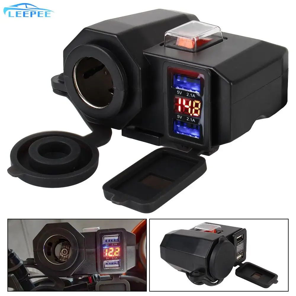 

Motorcycle Handlebar Charger Digital Display for Phone 5V 2.1A Adapter Power Supply Dual USB Port Cigarette Lighter Socket