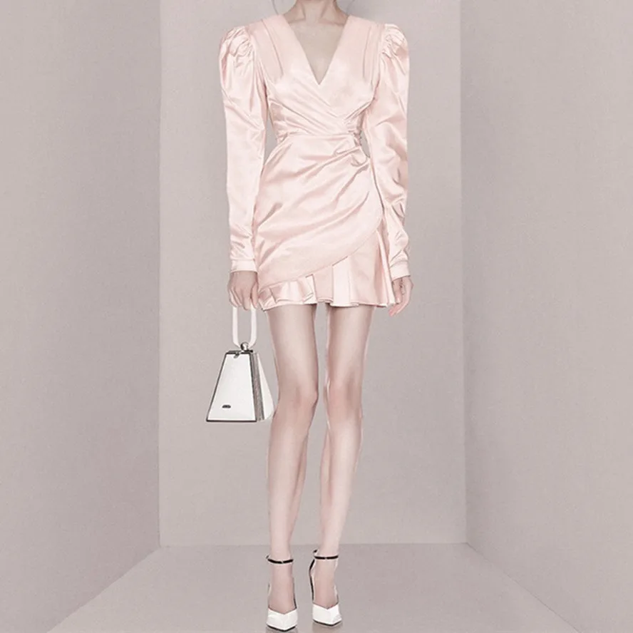 

Женское платье с завышенной талией, элегантное облегающее однотонное розовое вечерние-трапеция в Корейском стиле с длинным рукавом и V-образным вырезом, весна-осень 2022