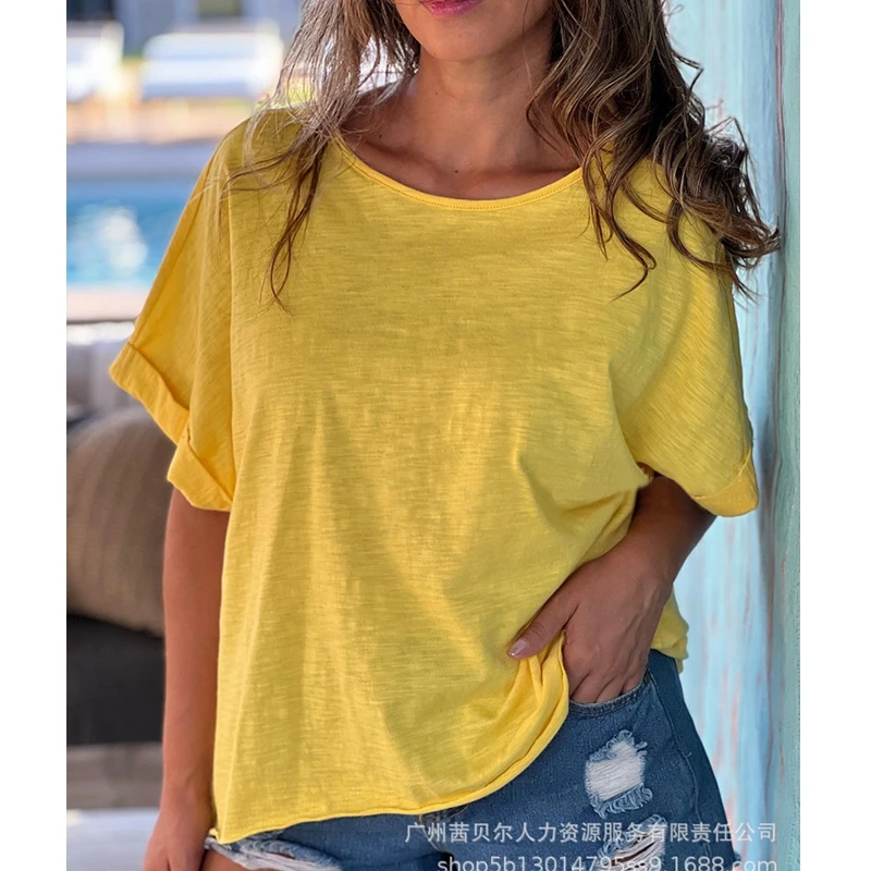 

Women T-shirt Top Summer Solid Color Loose Backless Pullover T-shirt Women Sexy Short Sleeve Round Neck Openwork Bandage T-shirt