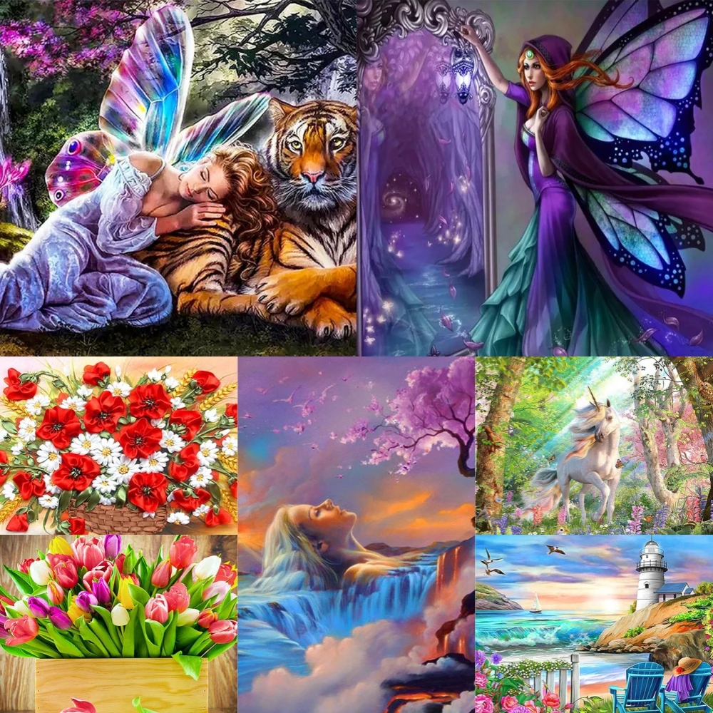 

5D алмазная живопись «сделай сам», девушка с тигром, Бабочка, фея, Алмазная мозаика, наборы для вышивки крестиком, животные, ландшафт, домашний декор