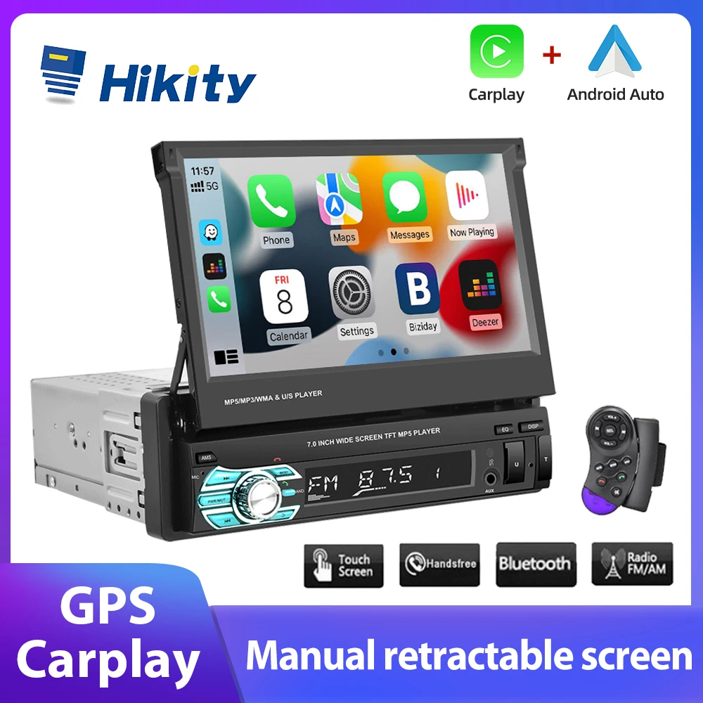 Hikity 1 Din Car Stereo audio Radio Bluetooth 1 DIN 7" HD Retractable Touch Screen Monitor MP5 SD FM USB Player Rear View Camera