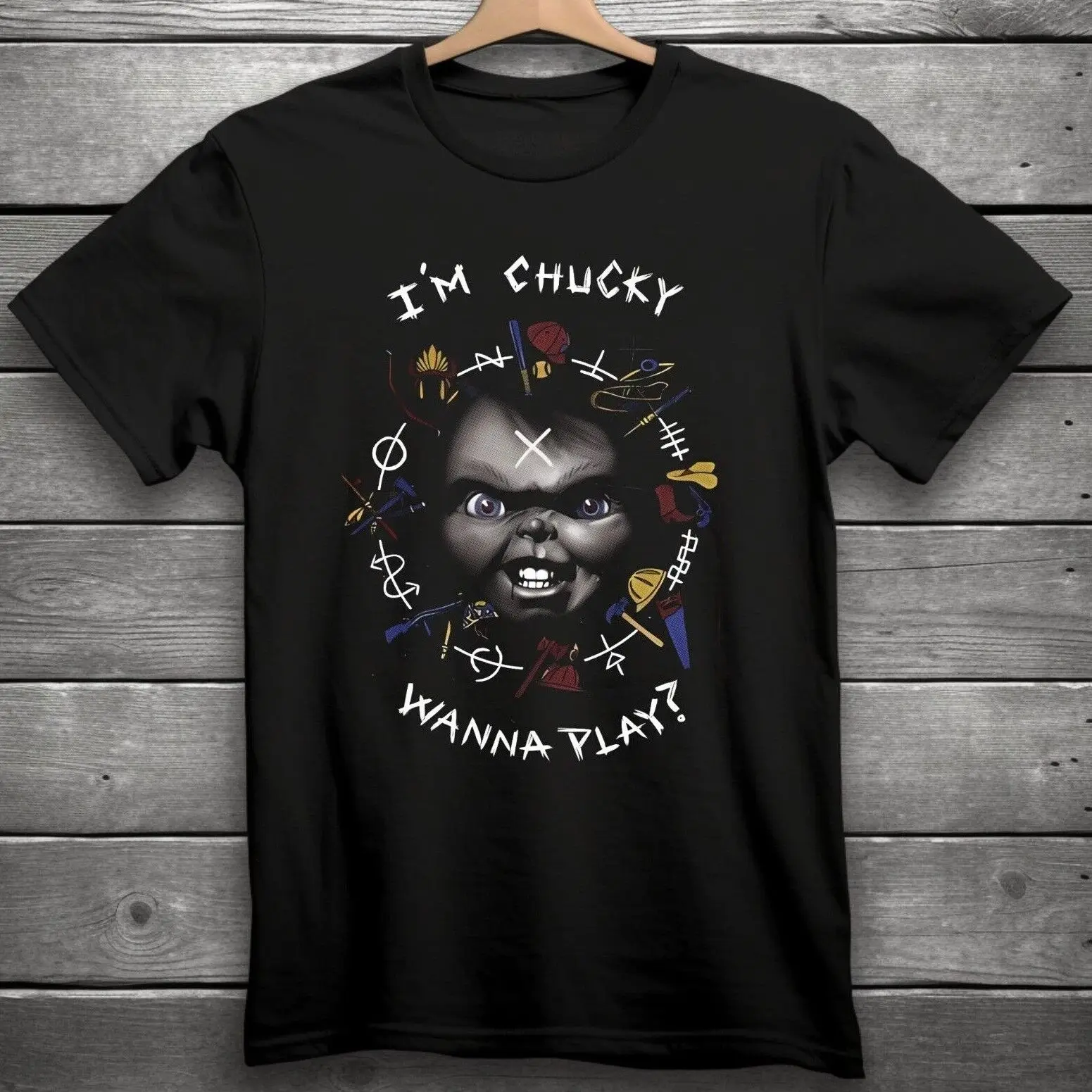 Я Чаки хочу поиграть? Черная футболка с рисунком из фильма ужасов