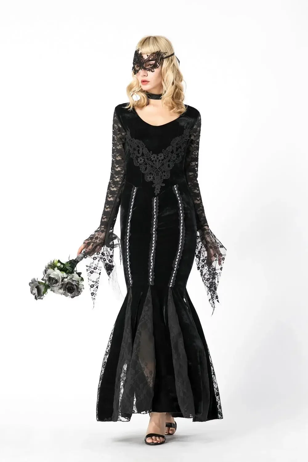 Длинное платье женские костюмы на Хэллоуин сексуальное вечернее черное